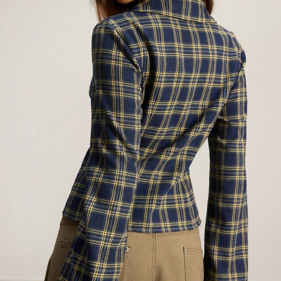 Navy Blue Casual Women's Woven Plaid Long Sleeve Single-Breasted Shirt - Picture 2 of 7